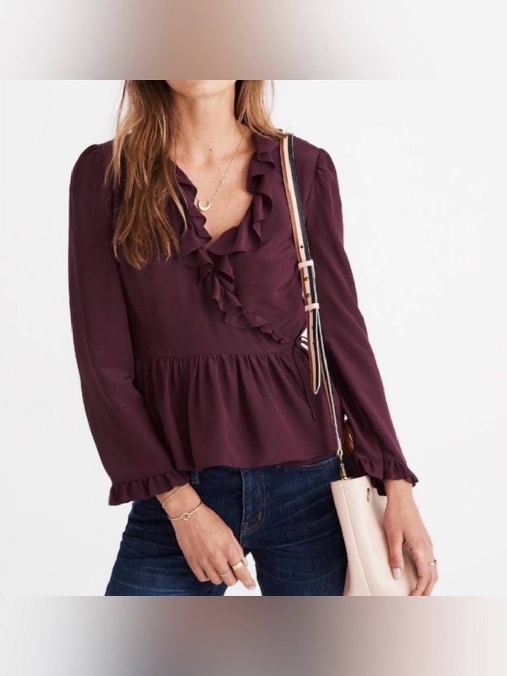 Madewell 100% Silk Women’s Small Dark Plum Ruffle Wrap Peplum Long Sleeve Top